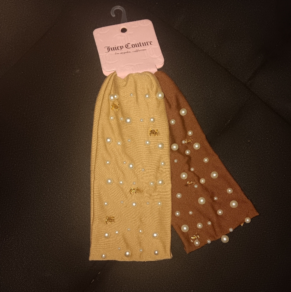 Juicy Couture Pearl JC Logo Charms Headbands - Tan and Brown 2pc set NWT